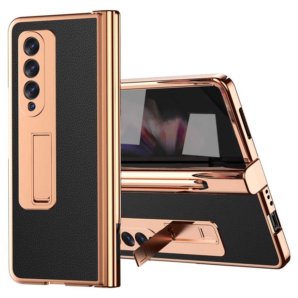 For Samsung Galaxy Z Fold3 5G Hinge Protection PU Leather + Hard PC Shell Full-Body Electroplating Kickstand Cover with Bulit-in Tempered Glass Screen Protector and S Pen
