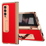For Samsung Galaxy Z Fold3 5G Hinge Protection PU Leather + Hard PC Shell Full-Body Electroplating Kickstand Cover with Bulit-in Tempered Glass Screen Protector and S Pen