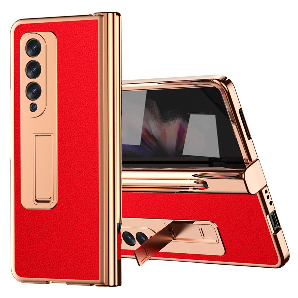 For Samsung Galaxy Z Fold3 5G Hinge Protection PU Leather + Hard PC Shell Full-Body Electroplating Kickstand Cover with Bulit-in Tempered Glass Screen Protector and S Pen