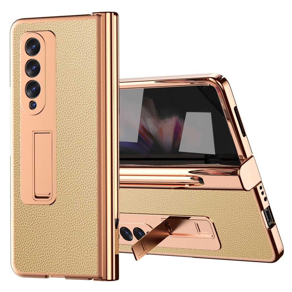 For Samsung Galaxy Z Fold3 5G Hinge Protection PU Leather + Hard PC Shell Full-Body Electroplating Kickstand Cover with Bulit-in Tempered Glass Screen Protector and S Pen