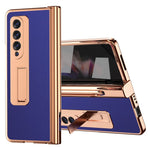 For Samsung Galaxy Z Fold3 5G Hinge Protection PU Leather + Hard PC Shell Full-Body Electroplating Kickstand Cover with Bulit-in Tempered Glass Screen Protector and S Pen