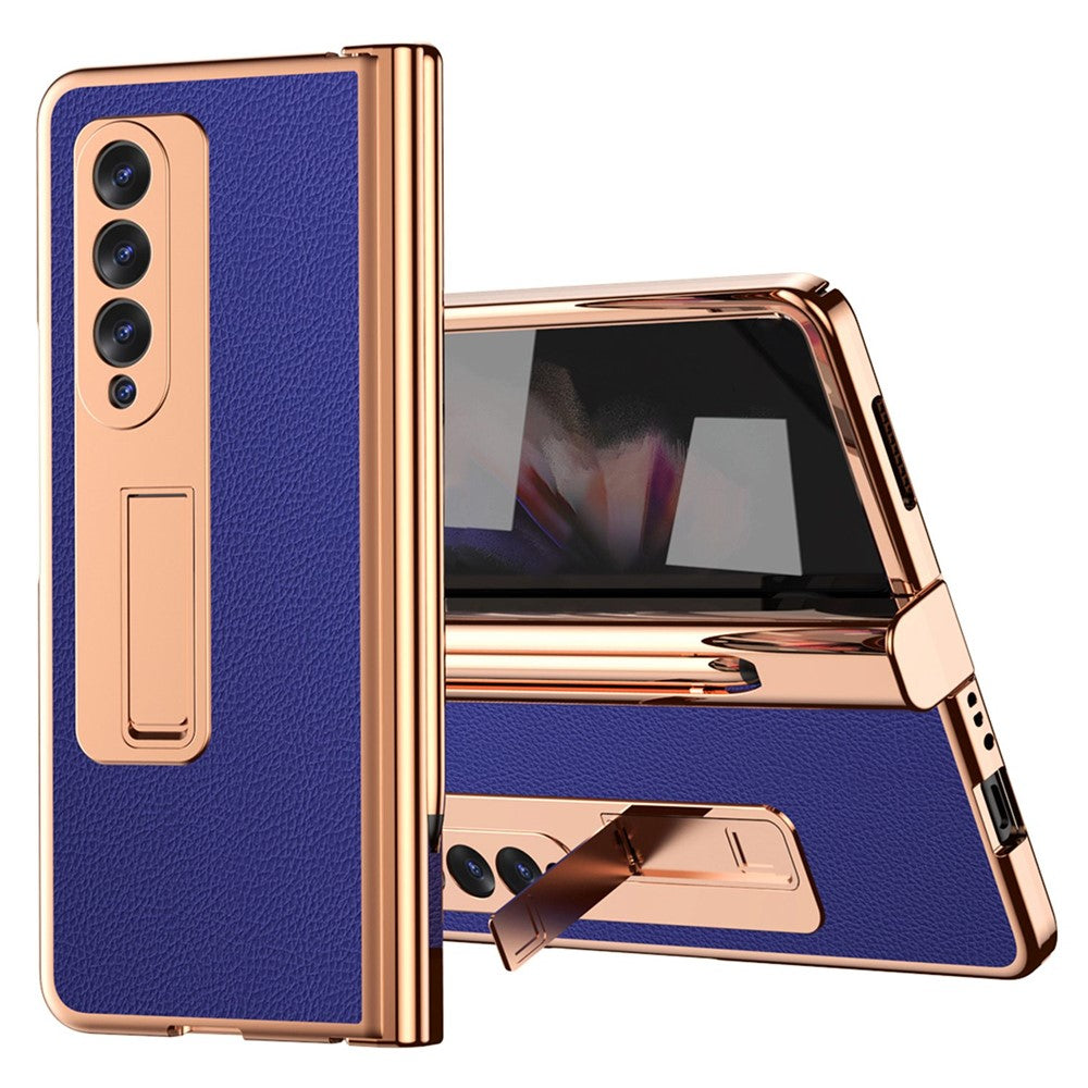 For Samsung Galaxy Z Fold3 5G Hinge Protection PU Leather + Hard PC Shell Full-Body Electroplating Kickstand Cover with Bulit-in Tempered Glass Screen Protector and S Pen