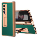 For Samsung Galaxy Z Fold3 5G Hinge Protection PU Leather + Hard PC Shell Full-Body Electroplating Kickstand Cover with Bulit-in Tempered Glass Screen Protector and S Pen
