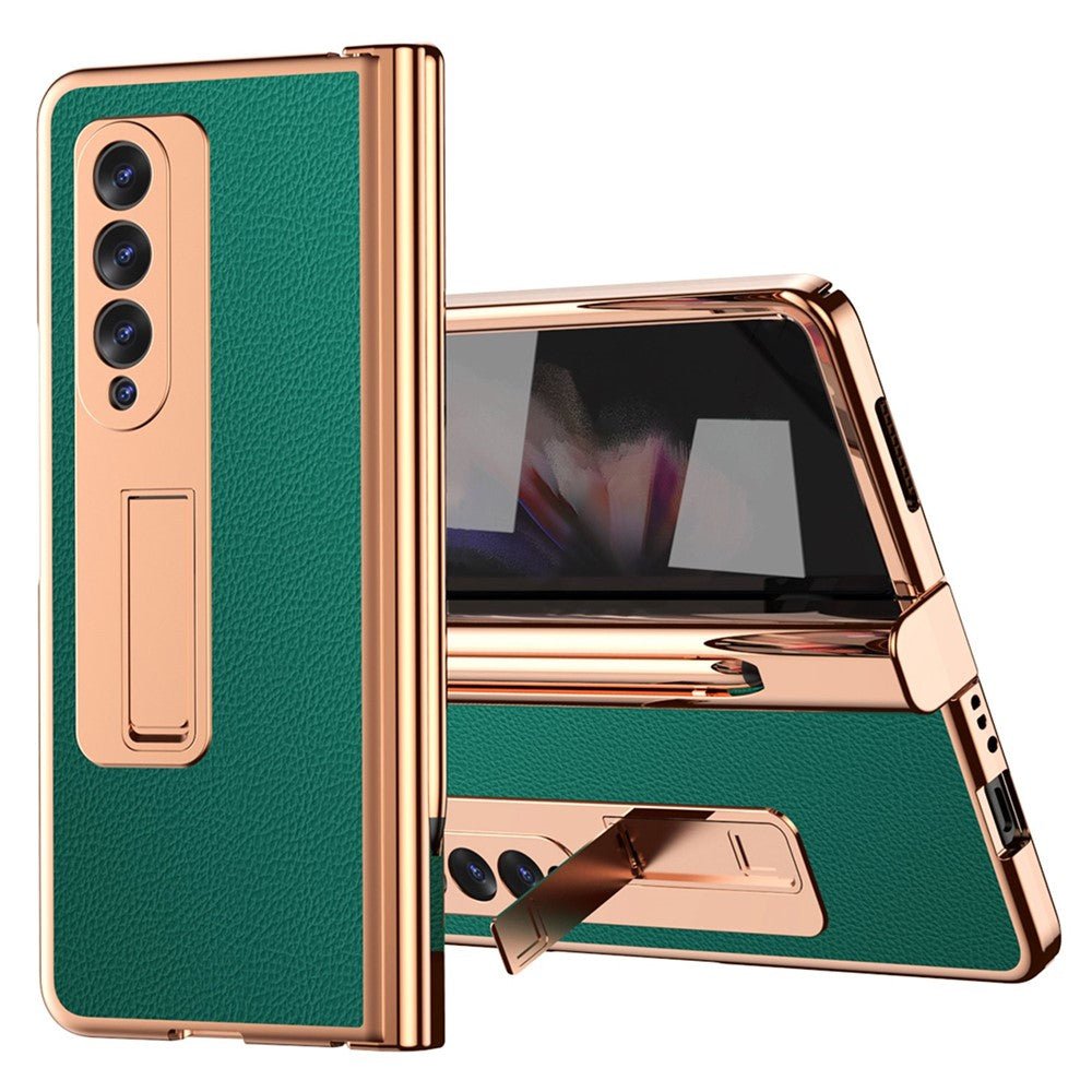 For Samsung Galaxy Z Fold3 5G Hinge Protection PU Leather + Hard PC Shell Full-Body Electroplating Kickstand Cover with Bulit-in Tempered Glass Screen Protector and S Pen