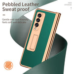 For Samsung Galaxy Z Fold3 5G Hinge Protection PU Leather + Hard PC Shell Full-Body Electroplating Kickstand Cover with Bulit-in Tempered Glass Screen Protector and S Pen