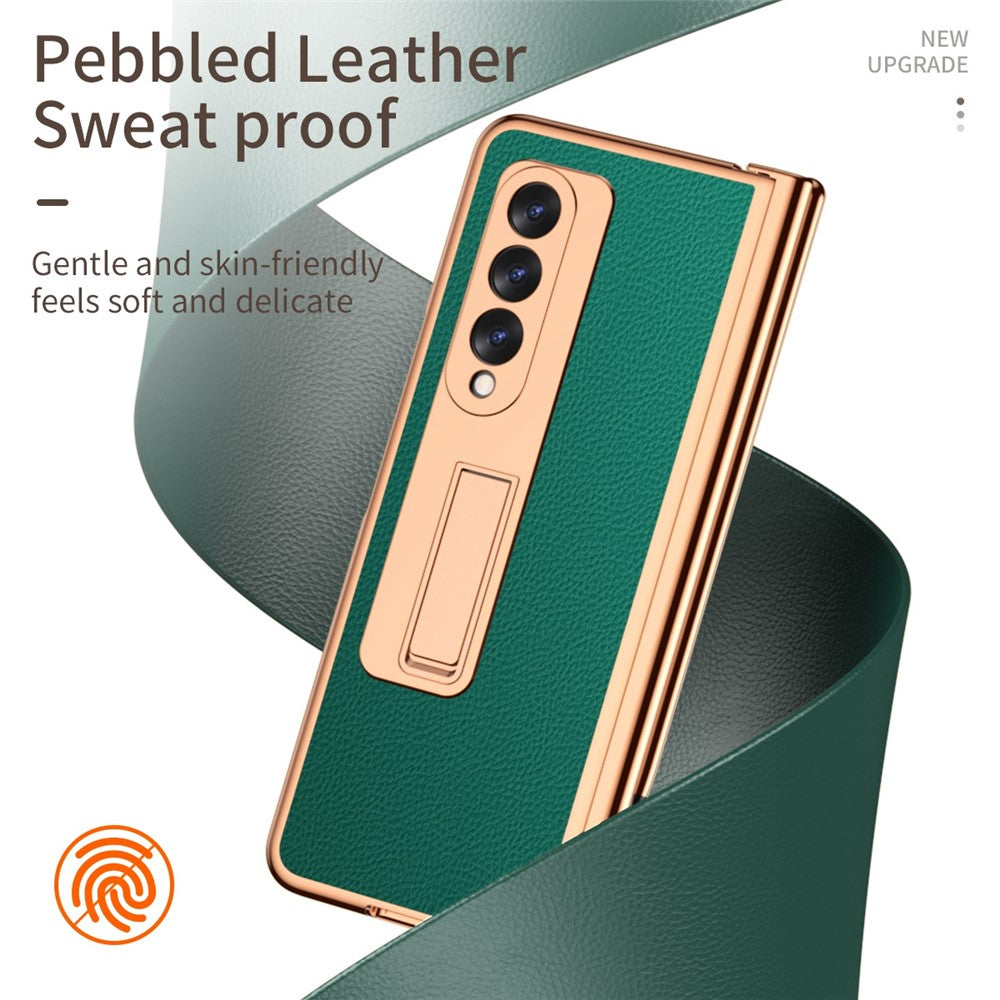 For Samsung Galaxy Z Fold3 5G Hinge Protection PU Leather + Hard PC Shell Full-Body Electroplating Kickstand Cover with Bulit-in Tempered Glass Screen Protector and S Pen