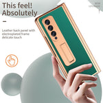 For Samsung Galaxy Z Fold3 5G Hinge Protection PU Leather + Hard PC Shell Full-Body Electroplating Kickstand Cover with Bulit-in Tempered Glass Screen Protector and S Pen
