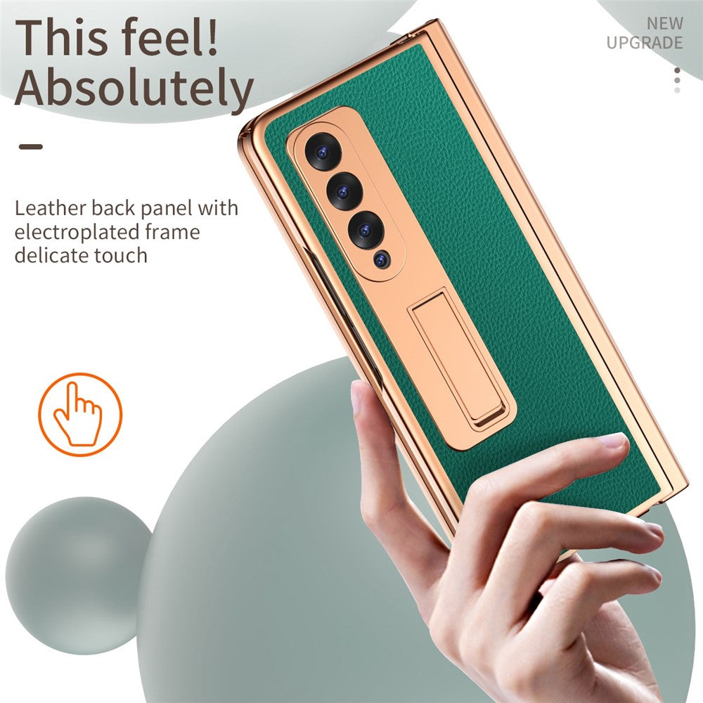 For Samsung Galaxy Z Fold3 5G Hinge Protection PU Leather + Hard PC Shell Full-Body Electroplating Kickstand Cover with Bulit-in Tempered Glass Screen Protector and S Pen