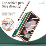 For Samsung Galaxy Z Fold3 5G Hinge Protection PU Leather + Hard PC Shell Full-Body Electroplating Kickstand Cover with Bulit-in Tempered Glass Screen Protector and S Pen