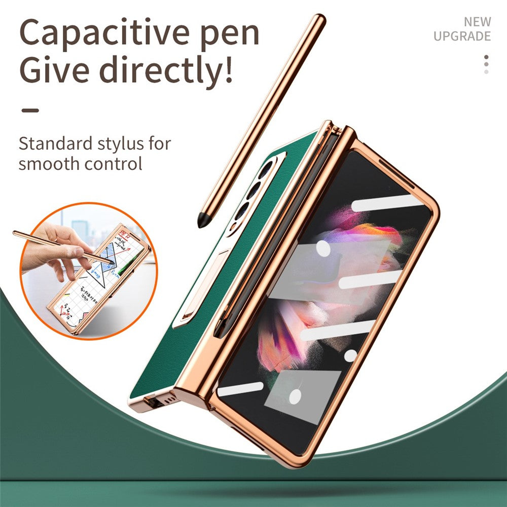 For Samsung Galaxy Z Fold3 5G Hinge Protection PU Leather + Hard PC Shell Full-Body Electroplating Kickstand Cover with Bulit-in Tempered Glass Screen Protector and S Pen