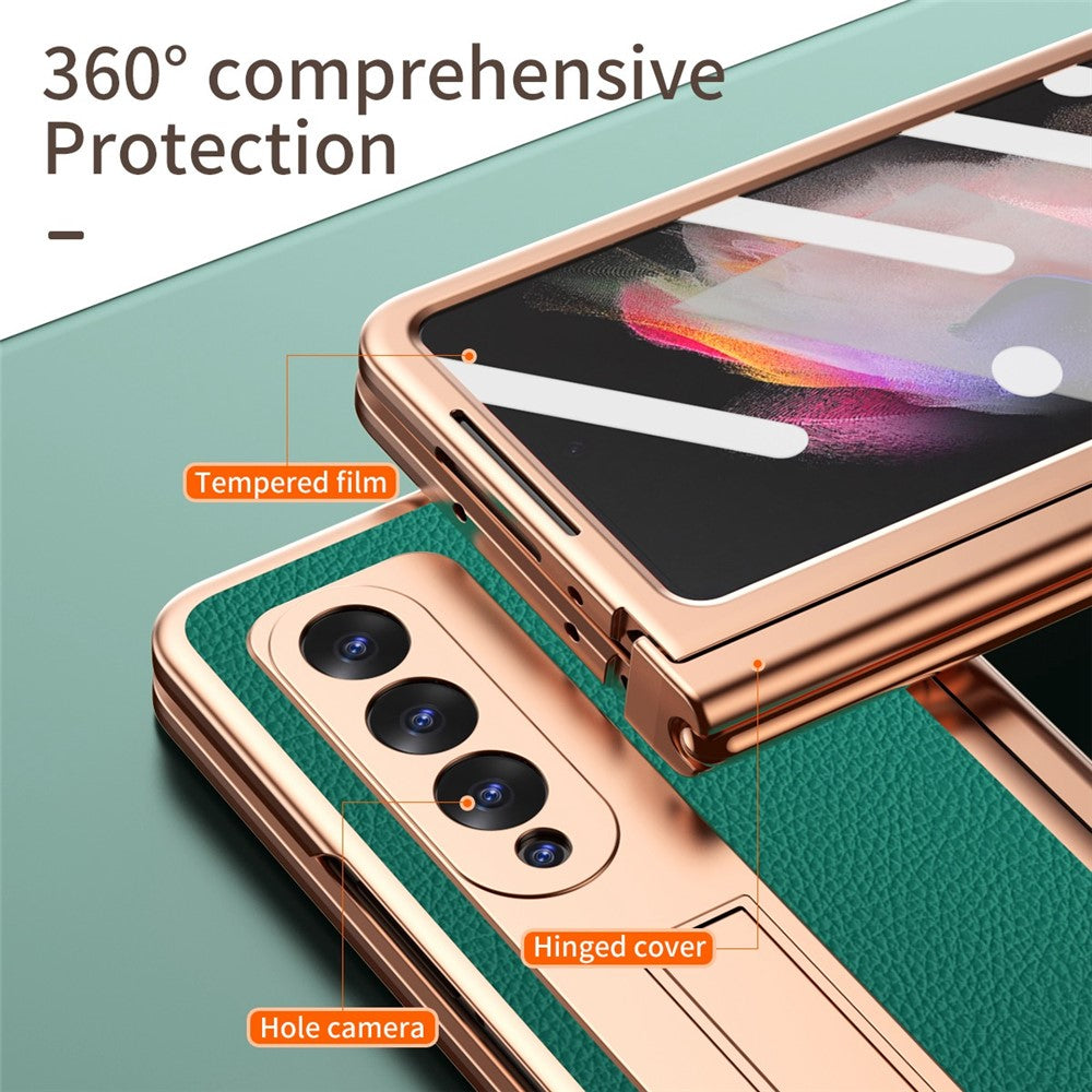 For Samsung Galaxy Z Fold3 5G Hinge Protection PU Leather + Hard PC Shell Full-Body Electroplating Kickstand Cover with Bulit-in Tempered Glass Screen Protector and S Pen