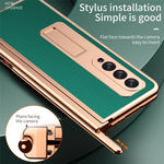 For Samsung Galaxy Z Fold3 5G Hinge Protection PU Leather + Hard PC Shell Full-Body Electroplating Kickstand Cover with Bulit-in Tempered Glass Screen Protector and S Pen