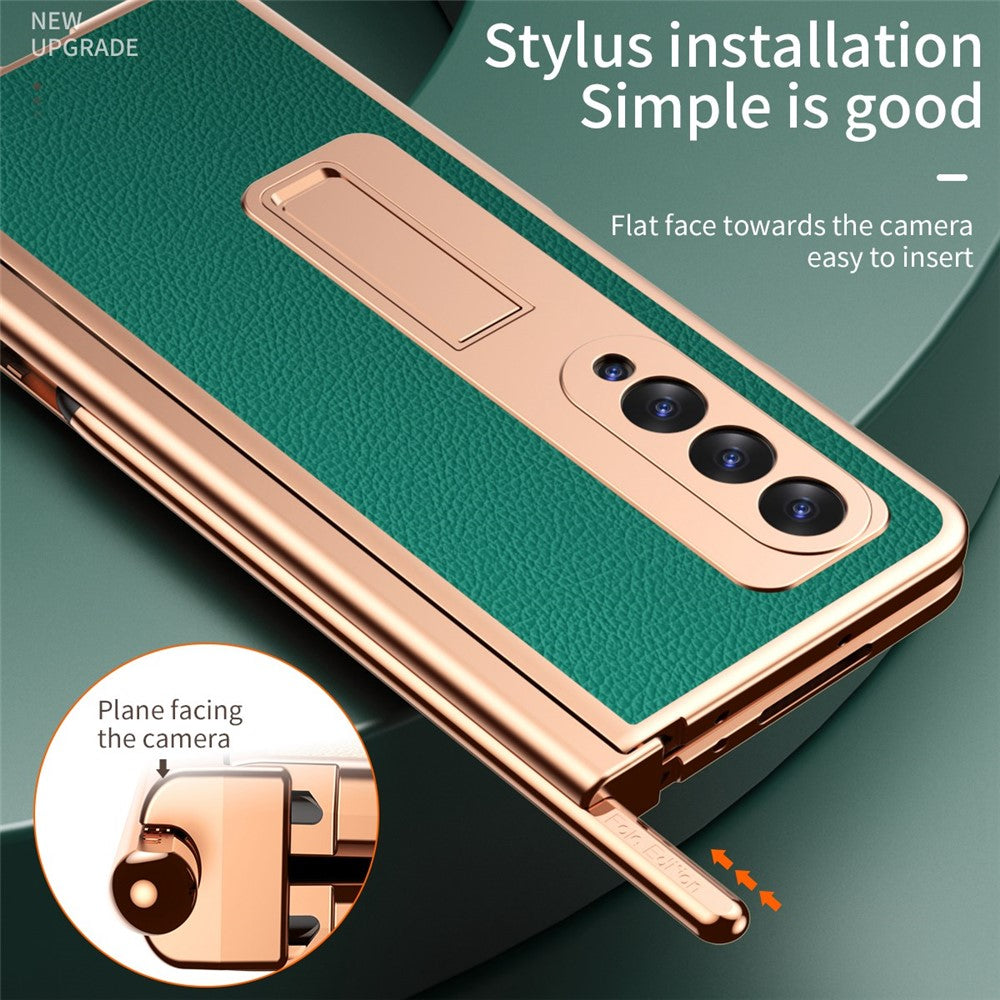 For Samsung Galaxy Z Fold3 5G Hinge Protection PU Leather + Hard PC Shell Full-Body Electroplating Kickstand Cover with Bulit-in Tempered Glass Screen Protector and S Pen
