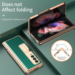 For Samsung Galaxy Z Fold3 5G Hinge Protection PU Leather + Hard PC Shell Full-Body Electroplating Kickstand Cover with Bulit-in Tempered Glass Screen Protector and S Pen