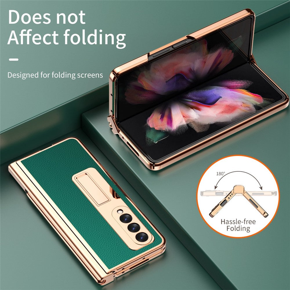 For Samsung Galaxy Z Fold3 5G Hinge Protection PU Leather + Hard PC Shell Full-Body Electroplating Kickstand Cover with Bulit-in Tempered Glass Screen Protector and S Pen