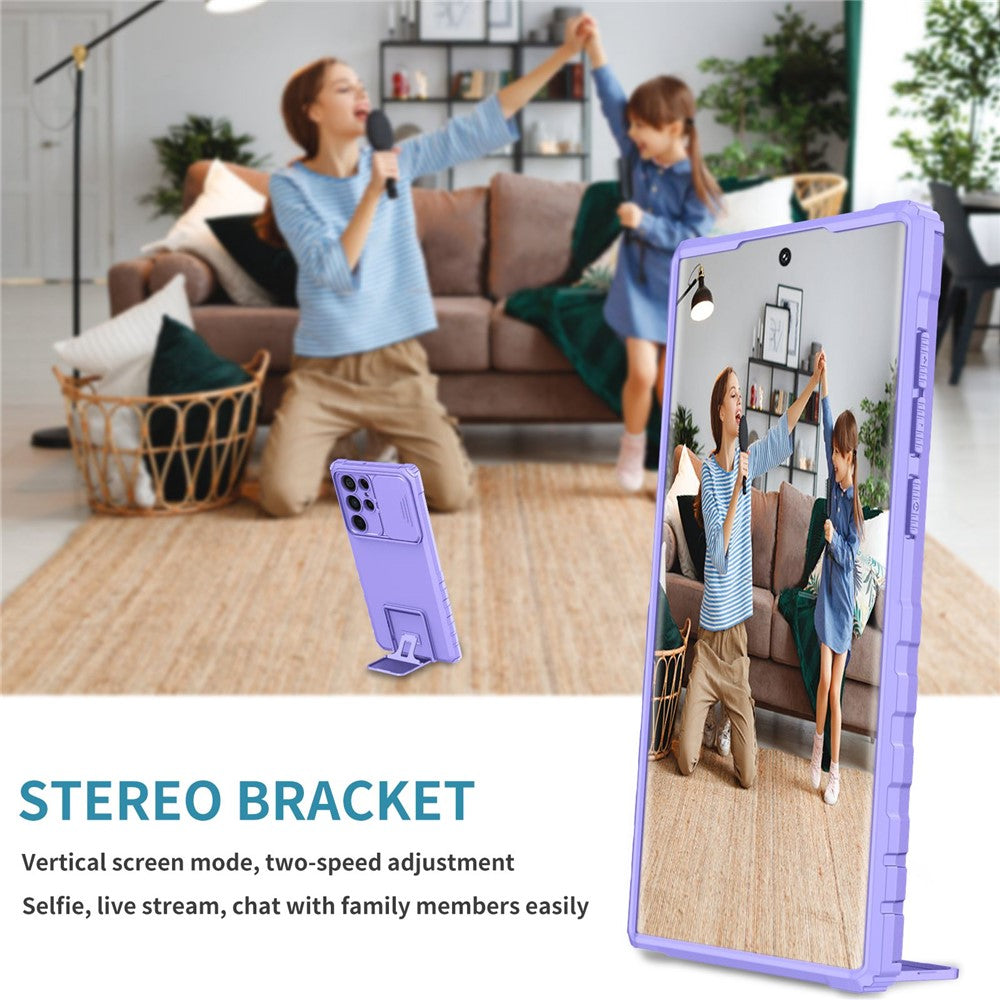 For Samsung Galaxy S22 Ultra 5G Adjustable Vertical Kickstand Phone Case Camera Slider Protection Hybrid PC + TPU Cover