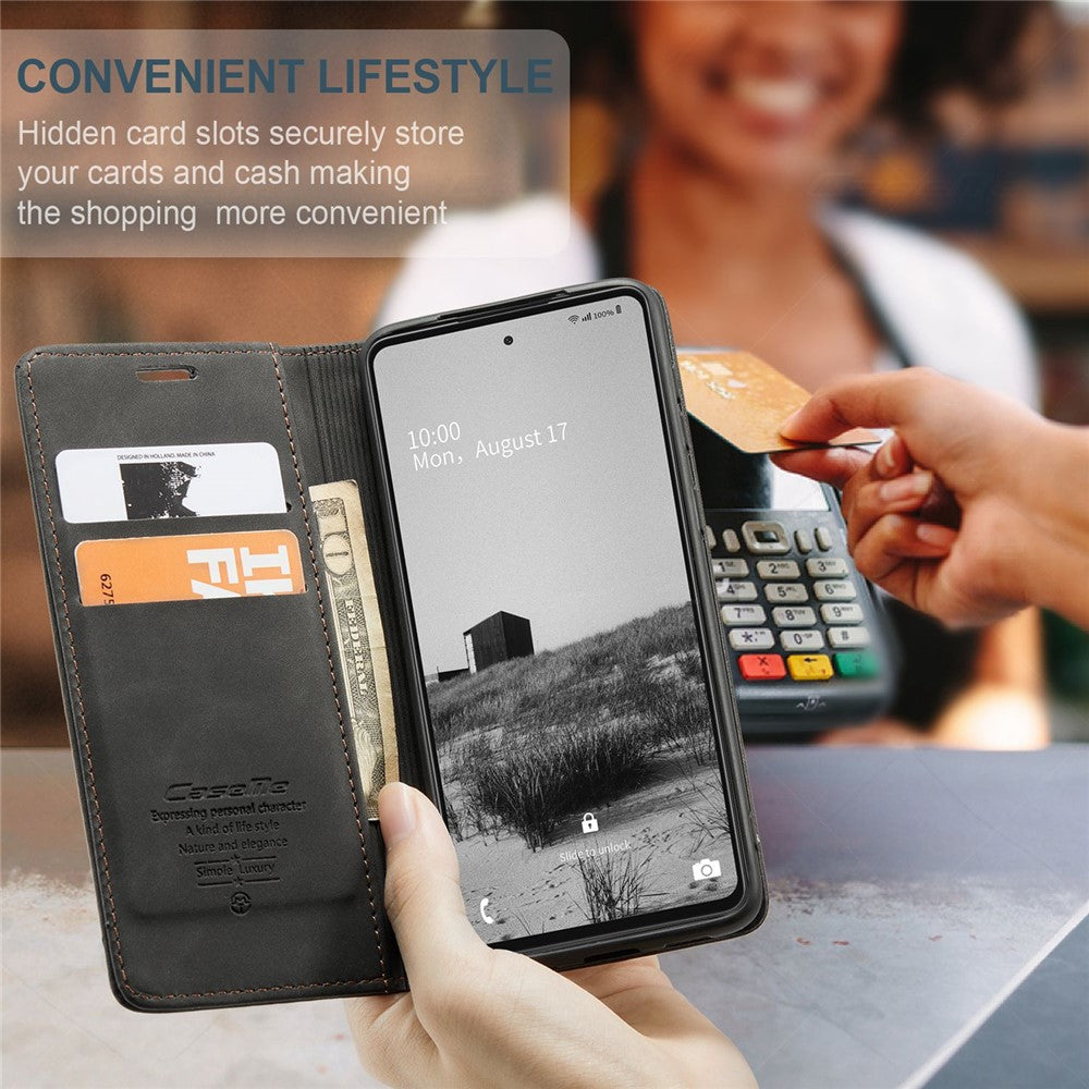 CASEME 013 Series Letvægts Mobiltelefonetui Taske til Samsung Galaxy A73 5G, Automatisk Absorberet PU Læder Pung Sammenfoldeligt Stativ Telefoncover