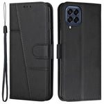 For Samsung Galaxy M53 5G PU Leather Phone Case Shock Absorbing Wallet Stand Flip Stitching Cover with Strap