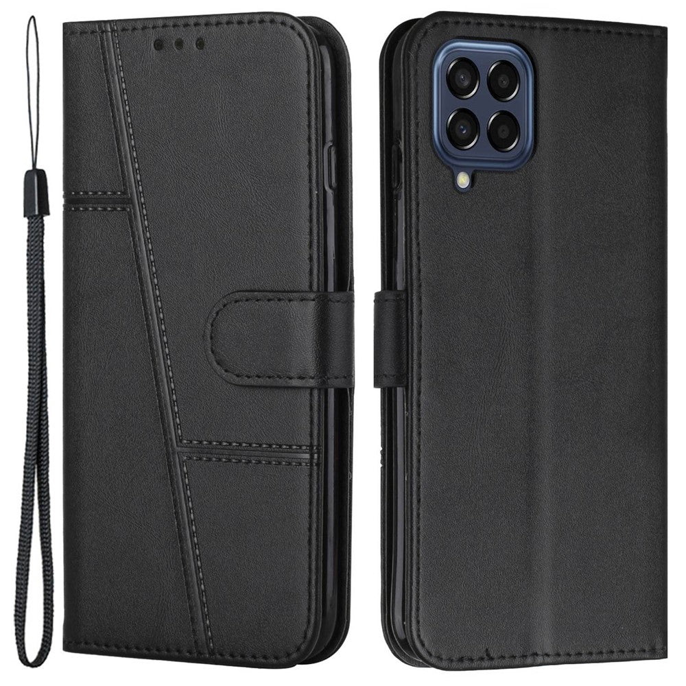 For Samsung Galaxy M33 5G (Global Version) PU Leather Stitching Cover Stand Magnetic Protect Shockproof Flip Case with Strap