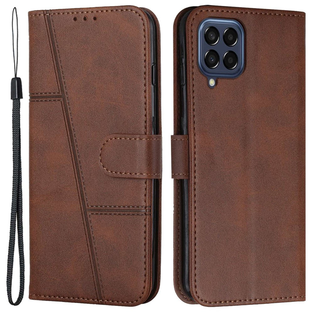 For Samsung Galaxy M33 5G (Global Version) PU Leather Stitching Cover Stand Magnetic Protect Shockproof Flip Case with Strap