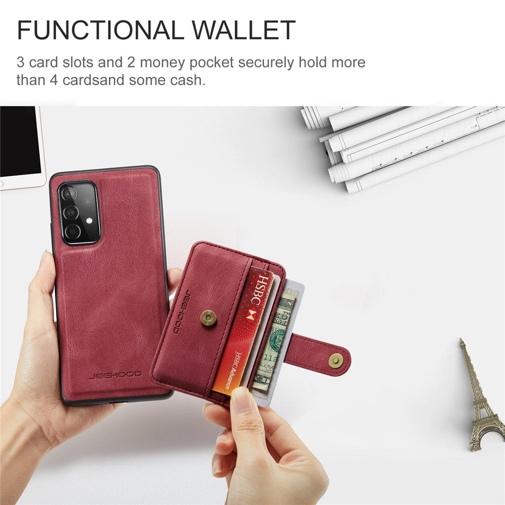JEEHOOD for Samsung Galaxy A73 5G RFID Blocking Detachable 2-in-1 Magnetic Anti-fall Wallet Design Leather Coated TPU Phone Case Shell
