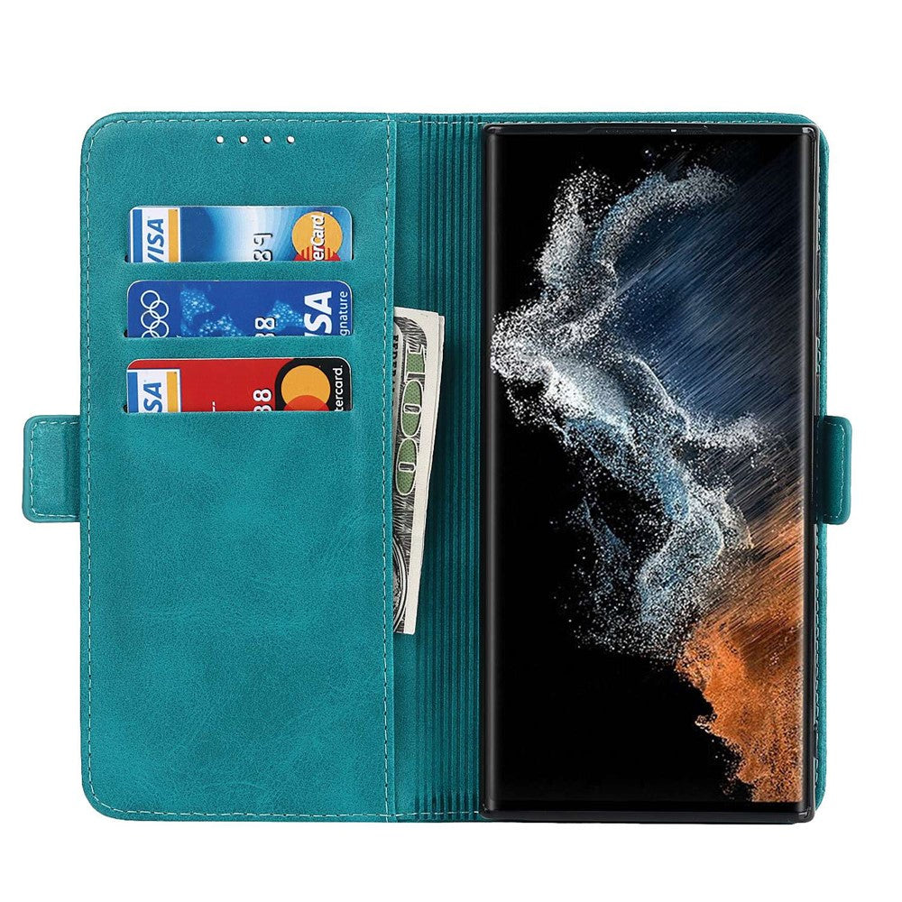 For Samsung Galaxy S22 Ultra 5G PU Leather Flip Wallet Case Wrist Strap Stand Double Magnetic Clasp Shockproof Cover