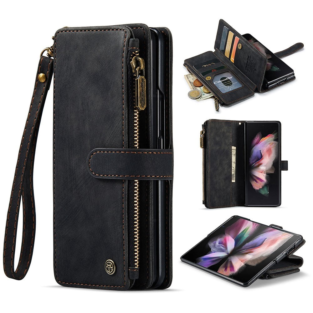 For Samsung Galaxy Z Fold3 5G Phone Cases with Strap CASEME C30 Zipper Multiple Card Holder PU Leather Cover