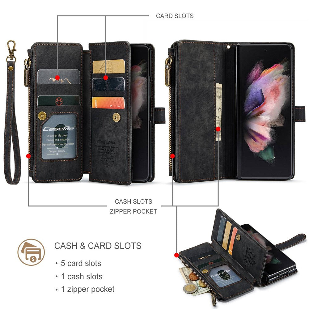 For Samsung Galaxy Z Fold3 5G Phone Cases with Strap CASEME C30 Zipper Multiple Card Holder PU Leather Cover