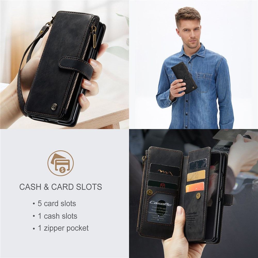 For Samsung Galaxy Z Fold3 5G Phone Cases with Strap CASEME C30 Zipper Multiple Card Holder PU Leather Cover