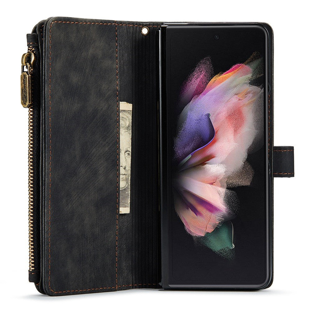For Samsung Galaxy Z Fold3 5G Phone Cases with Strap CASEME C30 Zipper Multiple Card Holder PU Leather Cover