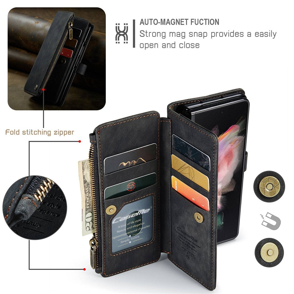 For Samsung Galaxy Z Fold3 5G Phone Cases with Strap CASEME C30 Zipper Multiple Card Holder PU Leather Cover