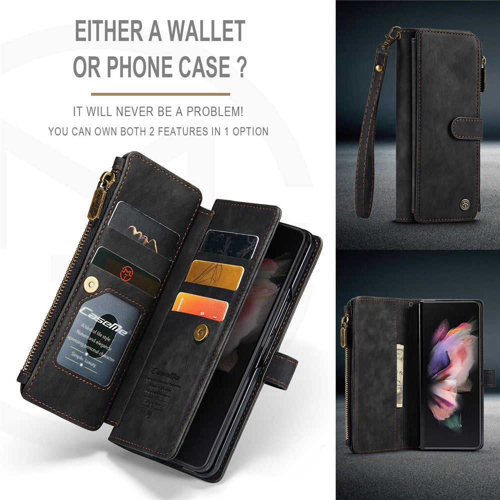 For Samsung Galaxy Z Fold3 5G Phone Cases with Strap CASEME C30 Zipper Multiple Card Holder PU Leather Cover