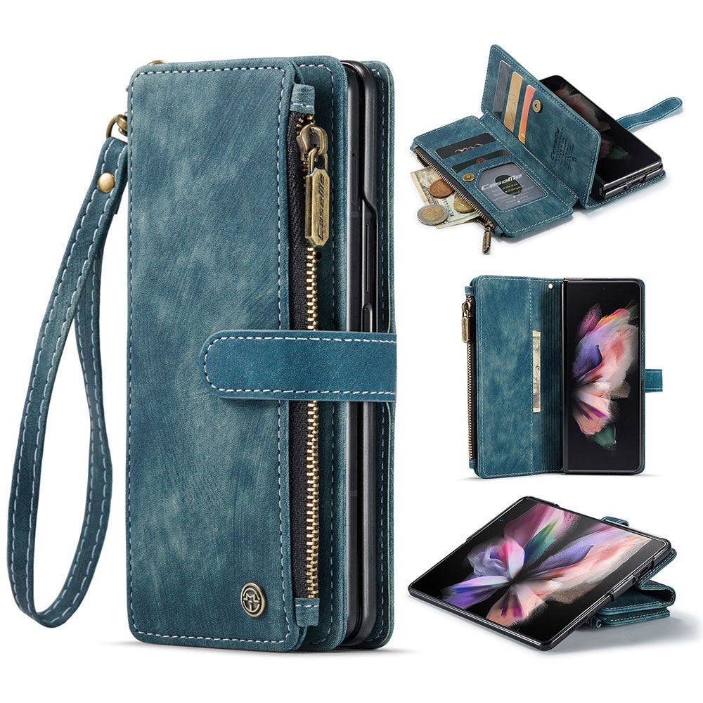 For Samsung Galaxy Z Fold3 5G Phone Cases with Strap CASEME C30 Zipper Multiple Card Holder PU Leather Cover