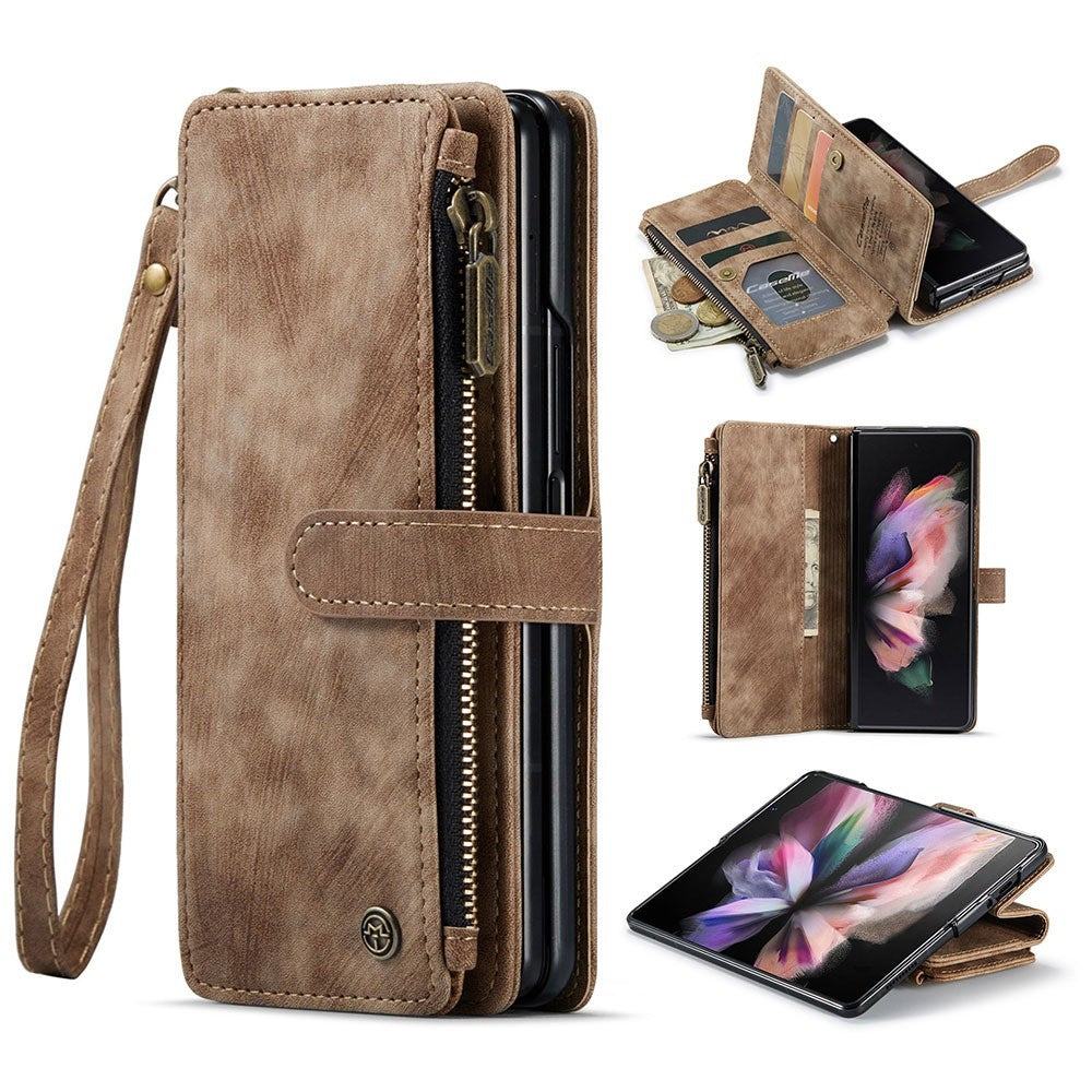 For Samsung Galaxy Z Fold3 5G Phone Cases with Strap CASEME C30 Zipper Multiple Card Holder PU Leather Cover