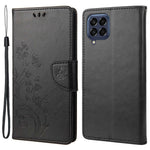 For Samsung Galaxy M33 5G (Global Version) Butterfly Flower Imprinted Wallet Case, PU Leather Foldable Stand Flip Cover with Hand Strap