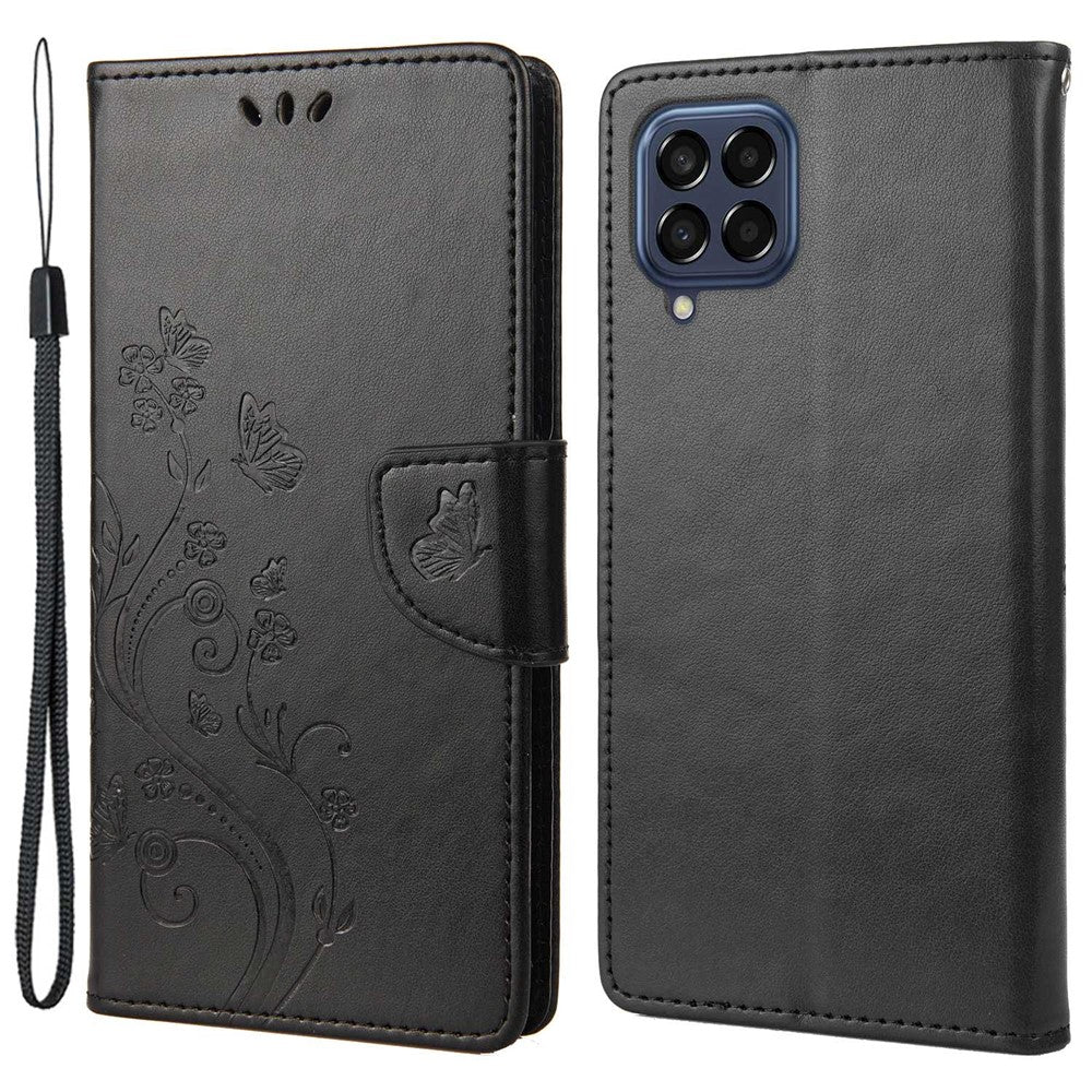 For Samsung Galaxy M33 5G (Global Version) Butterfly Flower Imprinted Wallet Case, PU Leather Foldable Stand Flip Cover with Hand Strap