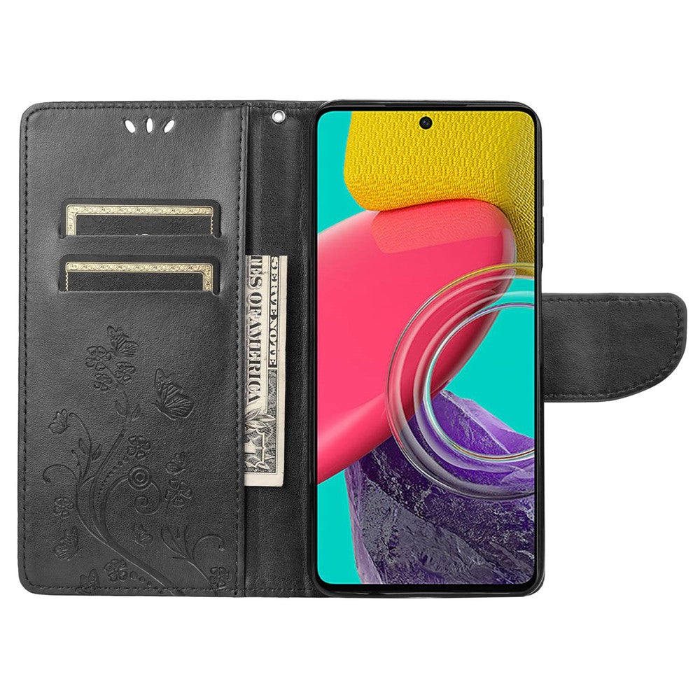 For Samsung Galaxy M33 5G (Global Version) Butterfly Flower Imprinted Wallet Case, PU Leather Foldable Stand Flip Cover with Hand Strap