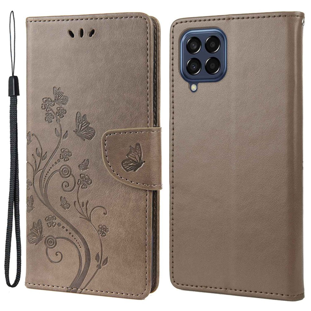For Samsung Galaxy M33 5G (Global Version) Butterfly Flower Imprinted Wallet Case, PU Leather Foldable Stand Flip Cover with Hand Strap
