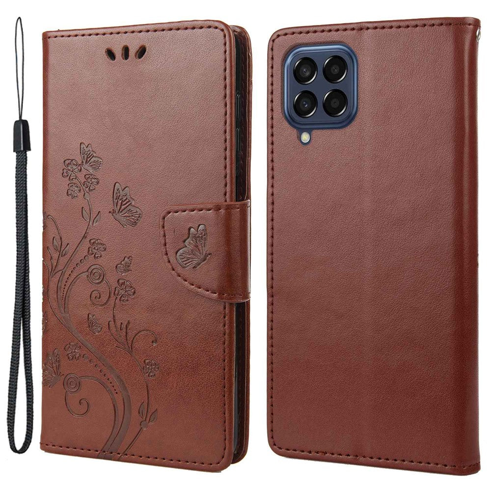 For Samsung Galaxy M33 5G (Global Version) Butterfly Flower Imprinted Wallet Case, PU Leather Foldable Stand Flip Cover with Hand Strap