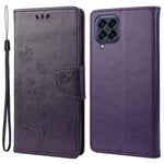 For Samsung Galaxy M33 5G (Global Version) Butterfly Flower Imprinted Wallet Case, PU Leather Foldable Stand Flip Cover with Hand Strap