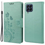 For Samsung Galaxy M33 5G (Global Version) Butterfly Flower Imprinted Wallet Case, PU Leather Foldable Stand Flip Cover with Hand Strap