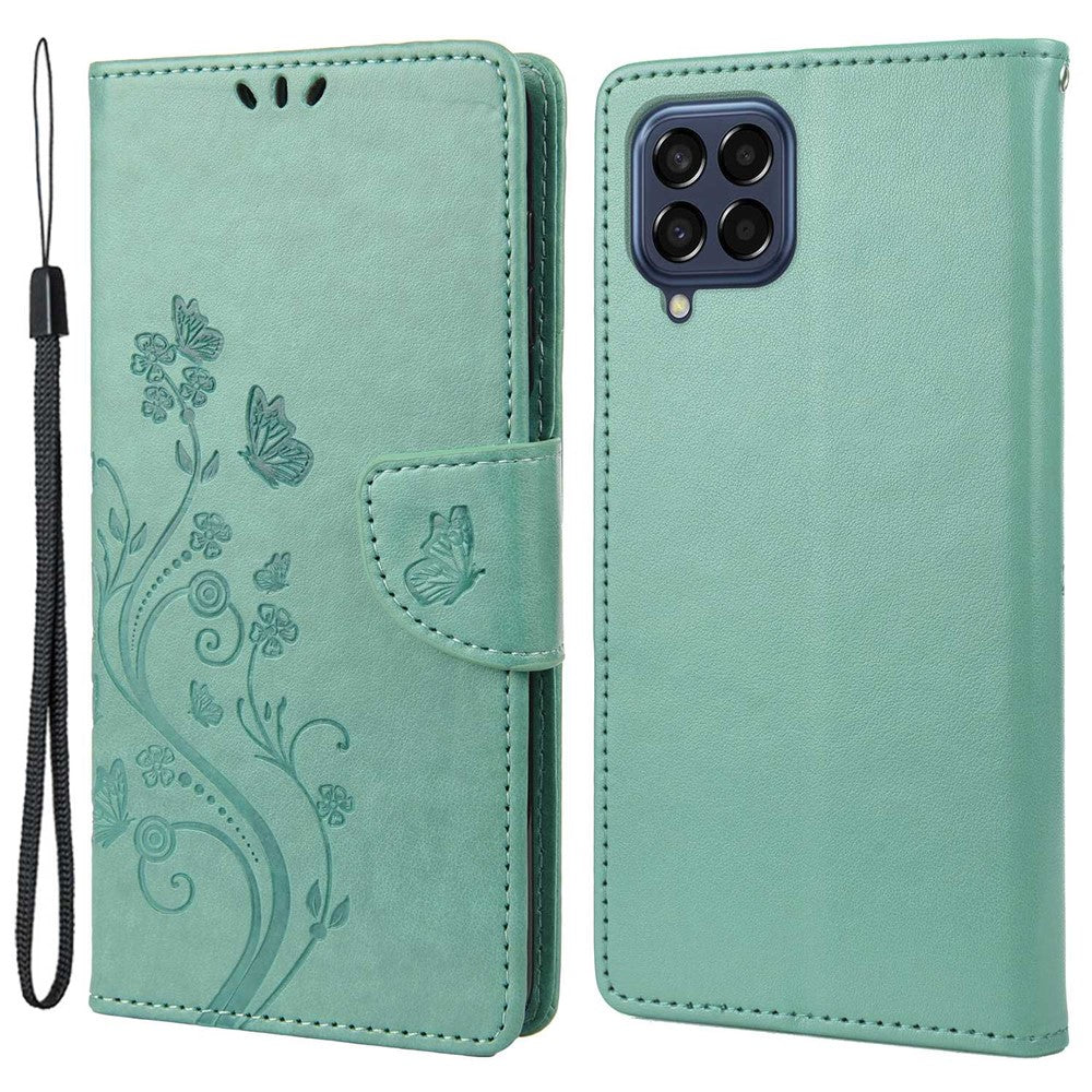 For Samsung Galaxy M33 5G (Global Version) Butterfly Flower Imprinted Wallet Case, PU Leather Foldable Stand Flip Cover with Hand Strap