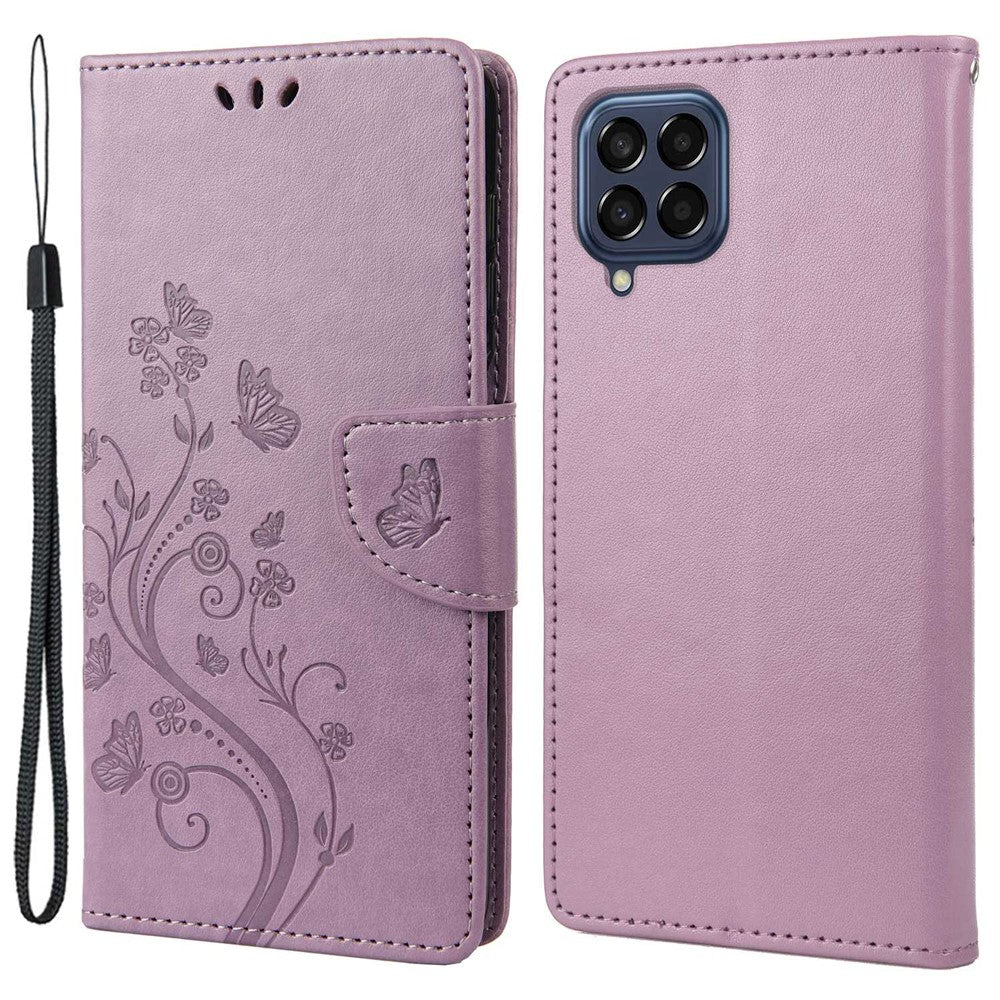 For Samsung Galaxy M33 5G (Global Version) Butterfly Flower Imprinted Wallet Case, PU Leather Foldable Stand Flip Cover with Hand Strap