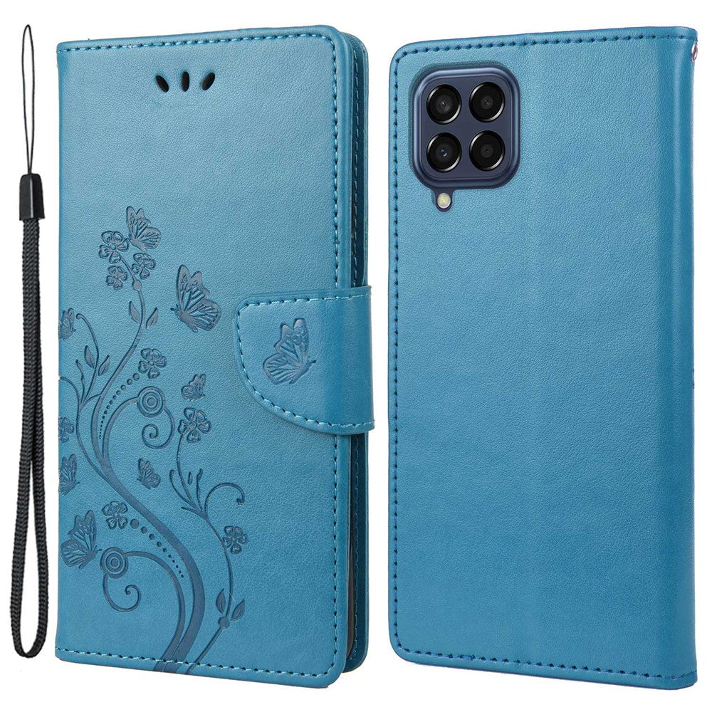 For Samsung Galaxy M33 5G (Global Version) Butterfly Flower Imprinted Wallet Case, PU Leather Foldable Stand Flip Cover with Hand Strap