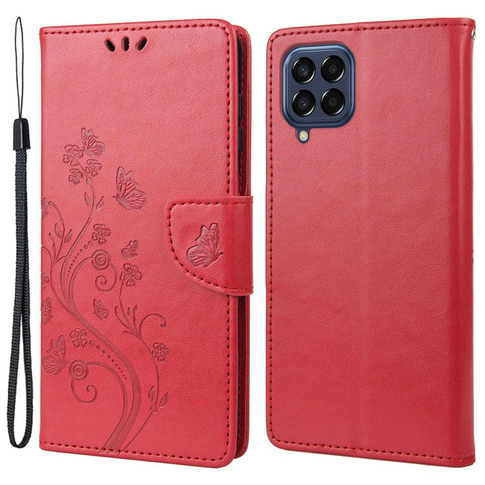 For Samsung Galaxy M33 5G (Global Version) Butterfly Flower Imprinted Wallet Case, PU Leather Foldable Stand Flip Cover with Hand Strap