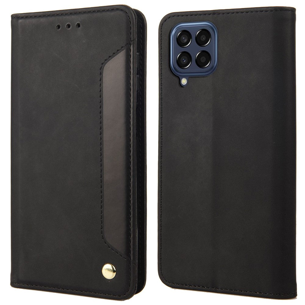 For Samsung Galaxy M33 5G (Global Version) Splicing PU Leather+TPU Skin-touch Feeling Case Stand Magnetic Absorption Flip Folio Wallet Cover