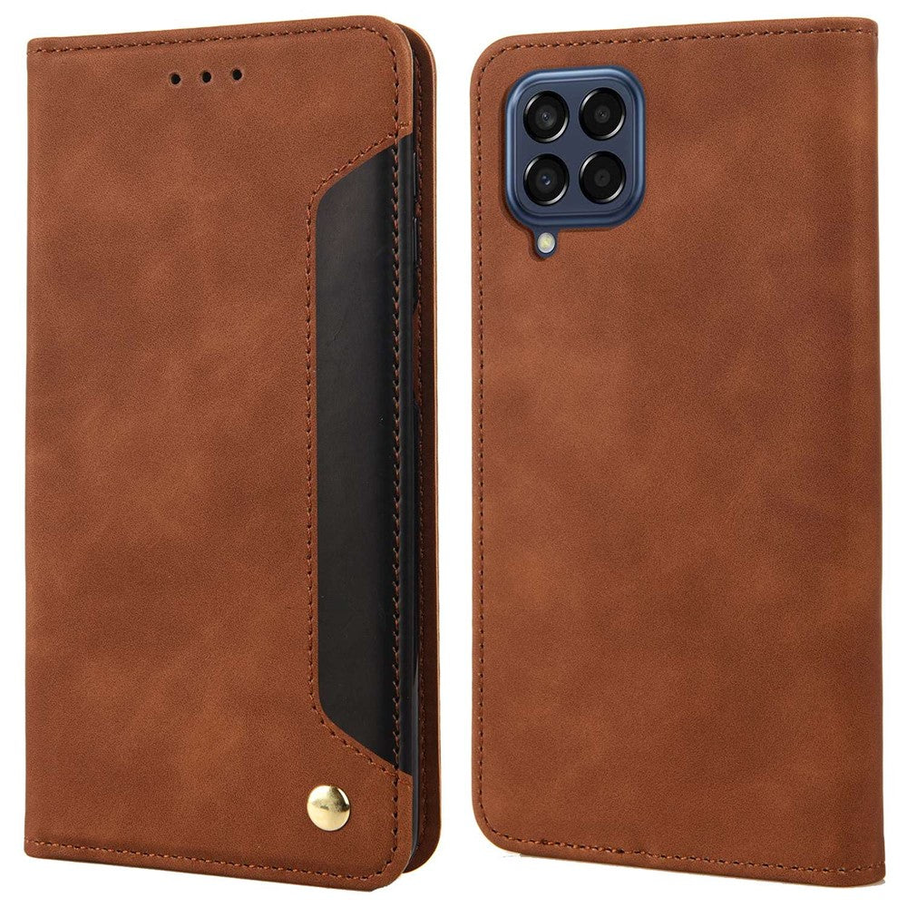 For Samsung Galaxy M33 5G (Global Version) Splicing PU Leather+TPU Skin-touch Feeling Case Stand Magnetic Absorption Flip Folio Wallet Cover
