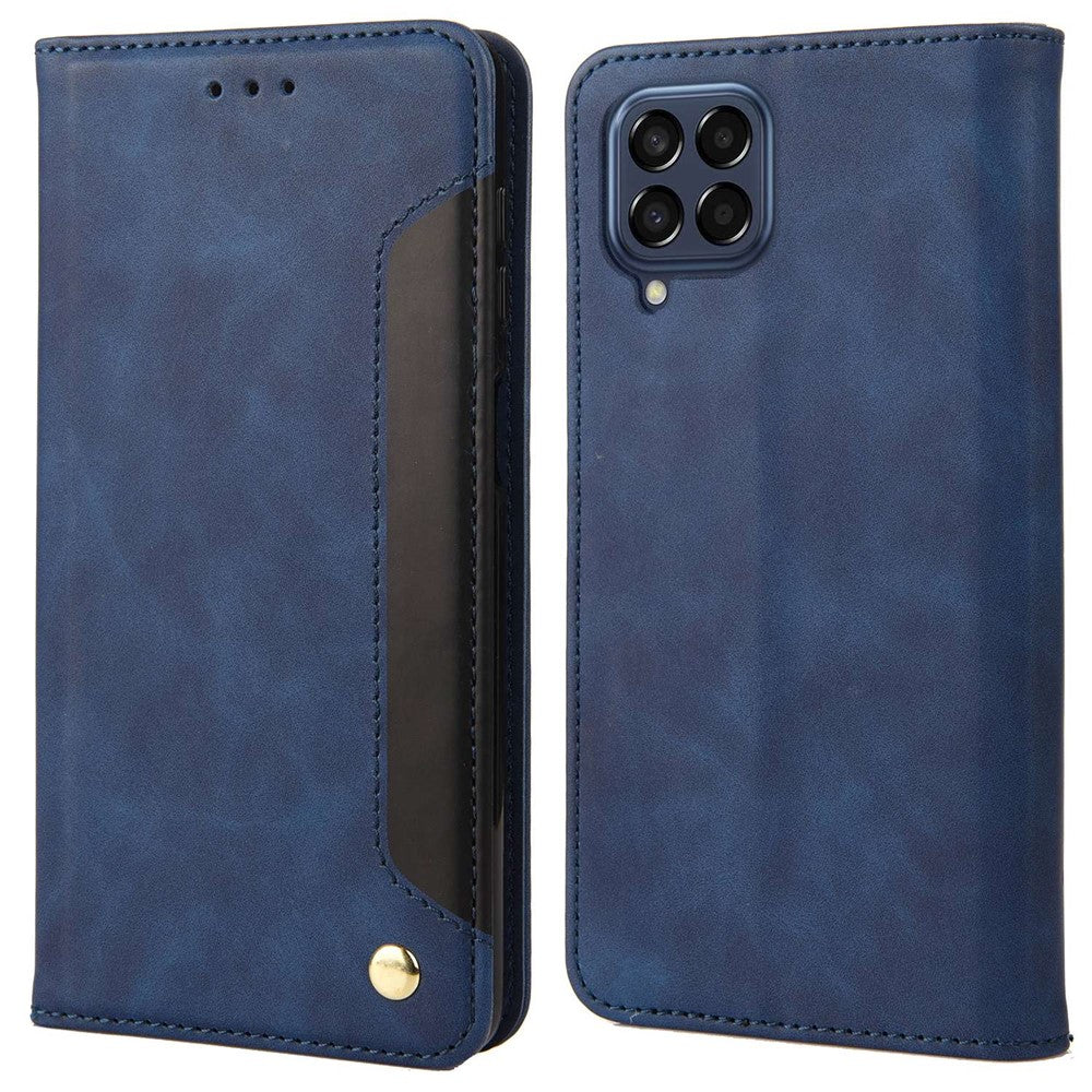 For Samsung Galaxy M33 5G (Global Version) Splicing PU Leather+TPU Skin-touch Feeling Case Stand Magnetic Absorption Flip Folio Wallet Cover