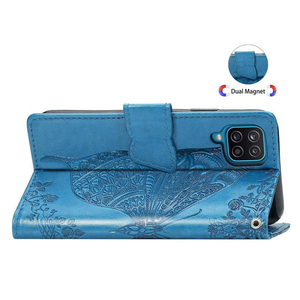 Big Butterfly Imprinting Leather Phone Shell for Samsung Galaxy M33 5G (Global Version), Full Coverage PU Leather Case with Stand Wallet + Handy Strap