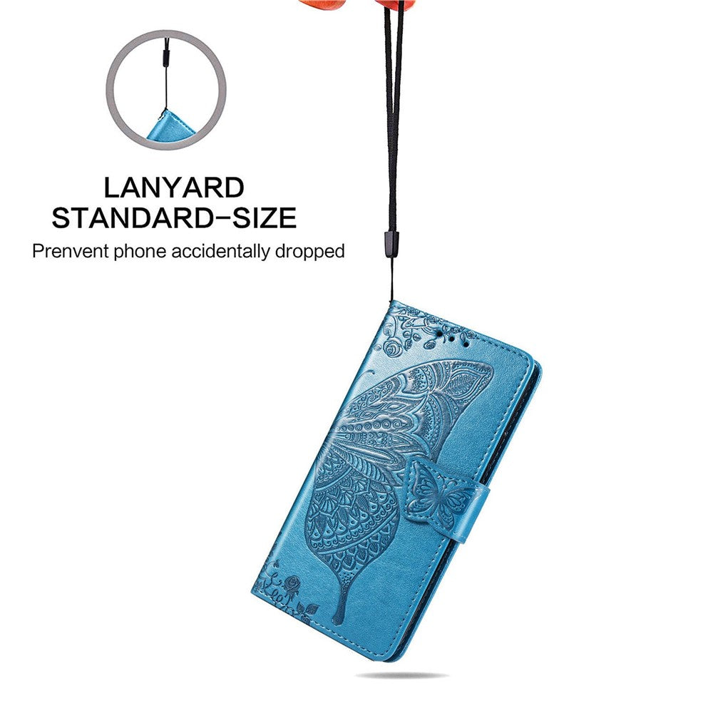 Big Butterfly Imprinting Leather Phone Shell for Samsung Galaxy M33 5G (Global Version), Full Coverage PU Leather Case with Stand Wallet + Handy Strap